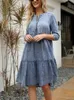 Basic Casual Dresses Denim Woman Autumn Imitation Vintage Clothes Solid Female Fashion Blue Dress KneeLength ONeck Clothe 231005