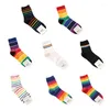 Women Socks Harajuku Men Rainbow Colorful Stripes Long Crew Skaterboard Hosiery 37JB