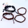 Charm Bracelets 4pcs/set Hippie Punk Brown Leather Wing Alloy Tube Wood Bead Layers Stackable Wrap Bracelet Bangles Unisex Jewelry