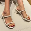 Scarpe di perle a nastro grosso sandali tallone slip-on sandals sandalo Fashionsquare High Toe Women's 128 661 5