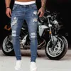 Dżinsy Mężczyźni rozryte chude dżinsy niebieskie spodnie ołówkowe motocykl impreza swobodne spodnie uliczne odzież 2021 Denim Man Clothin G0104190a