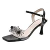 Sandales Femmes Transparent Argent Mode CRISTAL Talons Hauts Noir Or Été Mince Strass Fleurs Chaussures