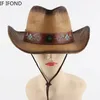 Cappelli a tesa larga Cappelli a secchiello Cappello di paglia vintage Cappello da cowboy occidentale Primavera Estate Panama Cappelli da sole Retro elegante Cowgirl Jazz Cap Sombrero Hombre 231006