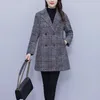 Women's Jackets Large Size Woolen Plaid Women Blazer Autumn/Winter Korean Fashion Loose Mid Length Cotton Padded Jacket Suit Coat C078 231006