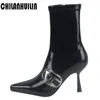 Boots patent leather ankle boots for women sexy lady pointed toe high heels pumps pop metal buckle riding autumn winter 231006