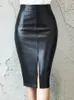 Spódnice aachoae czarna skórzana spódnica Kobiety midi sexy wysoki talia bodycon dzielone biuro ołówek Długość 231006