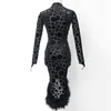 Stage Wear Velvet Latin Dance Dress Women Tango Modern Feather Ballroom Performance Costume Sexy Black JL3972