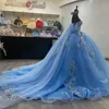 Sky Blue Shiny Princess Sweet 16 Quinceanera Dresses 3Dflower Applique Pearls Crystals With Cape Ball Gown Vestido de 15 Anos Lace-Up