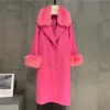 Wełniane mieszanki wełny 2023 Kobiety Big Real Futro Flar Fashion Winter Jacket Cashmere mieszany płaszcz z podwójnym piersi mankiety marszczyków 231006