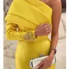 One Shoulder Saudi Arabia Evening Dresses Beads Full Sleeve Satin Mermaid Dubai Yellow Formal Prom Gowns Floor Length 328 328