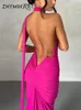 Casual Kleider ZHYMIHRET Elegante Eine Schulter Lange Riemen Kleid Für Frauen 2023 Open Back Sommer Geraffte Maxi Koreanische Mode Robe