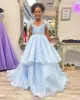 Ледяно-голубое праздничное платье для девочек 2024 года с кристаллами и перьями из органзы для маленьких детей, торжественное вечернее платье на день рождения для малышей-подростков, крошечная юная младшая мисс, многослойная юбка для детей