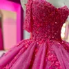 Rose Red Shiny Sweetheart Tulle Off the Shoulder Ball Gown Quinceanera Dresses Appliques Flowers Beads Sheer Formal Princes