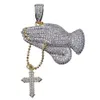 Hip Hop Brass Double Colors Iced Out Micro Pave CZ Praying Hands Cross Pendant Necklace Charm For Men Women235L