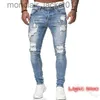 Męskie dżinsy modne styl ulicy Raped chude dżinsy Mężczyźni Vintage Wash Solidne-wieżowce dżinsowe spodnie Męskie Casual Slim Fit Denim Spodnie J231006