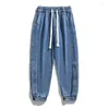 Erkekler Pantolon Sonbahar Kot Pantolon Düz Denim Bantlama Bel Pamuk Giyim Geniş Bacak Gevşek Mavi Mavi Uzun Pantolon Artı Boyut