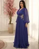 Oct Aso Ebi Arabic Royal Blue Chiffon Brud klänningar en linje spets kväll prom formell fest födelsedag kändis mor till brudgummen klänning zj