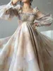 カジュアルドレスデザイナー女性用エレガントなプリント広場襟長袖ルーズパーティードレス2023春の服