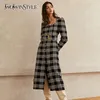 Women's Wool Blends TWOTYLE Plaid Dress Coat For Women Square Collar Long Sleeve High Waist With Sashes Elegant Female Fashion Autumn 231006