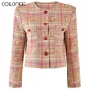 Jaquetas femininas moda coreana casaco de inverno mulheres designer de luxo elegante o-pescoço curto tweed jaqueta rosa xadrez abrigos para mujeres 231006
