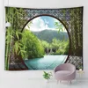 Tapisseries Tapisserie de paysage chinois Arches de forêt de bambou Paysage de lac de montagne Tissu imprimé Décoration murale pour chambre à coucher Salon