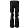 Jeans pour hommes Mode évasée Hommes déchirés en détresse Streetwear Pantalon en denim noir Longs rubans Tendance Man268c