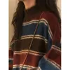 Kadınların Sweaters Harajuku Örgü Sweaters Kadın Büyük Boyutlu Çizgili Sokak Giyim Vintage Patchwork Jumbers Tepeli Kore Sıradan Külkü 231005
