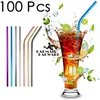 Pajitas coloridas de 100 Uds., 10 Uds. De cepillos, pajitas de metal rectas o dobladas, pajitas reutilizables de acero inoxidable para cerveza, zumo de fruta, 1281m