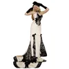 Vintage vitoriano sereia vestido de noite 2023 marfim e renda preta apliques strapless espartilho longo gótico vestidos de baile mulheres vestidos de ocasião especial