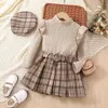 Clothing Sets Baby Girls Spring Autumn Ruffle Long Sleeve Solid Tops+Plaid Pleated Skirt+Belt+Beret Four-piece Suit 2-7Years Kids Clothes Suit 230927