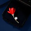 Brooches Design Romantic Luxury Red Flower Brooch With Pearl Women High Quality Metal Clothing Dress Suit Pins Wedding Party Jewelry