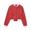 Women's Jackets TRAF Plaid Cropped Jackets for Women Red Tweed Jacket Woman Long Sleeve Button Blazer Woman Streetwear Basic Women's Jacket 231006