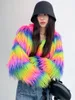 Damen Pelz Kunstpelz Streetwear Regenbogen gestreifter Kunstpelzmantel Frauen Nachahmung Ziegenwolle Luxus pelzige Jacke Top Club Herbst Winter Kleidung 231006