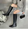 Outono inverno acolhedor apontou toe mulher joelho-botas altas deslizamento em saltos baixos e finos cowboy senhoras sapatos botas de mujer 230922