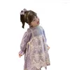 Girl Dresses Formal Long Sleeve Light Purple Flowers Cotton Dress And Lace Apron Overall Birthday Party Wedding Cosplay Clothes