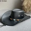 Szerokie brzegowe czapki wiadra czapki faux skórzane western kowbojowe czapki dla kobiet mężczyzn vintage dżentelmen sukienka Hats Panama Cowgirl Jazz Cap Sombrero Hombre 231006