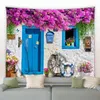 Wandtapijten Vintage Straat Bloemen Tapijt Retro Stenen Muur Blauwe Houten Deur Natuur Bloemen Planten Hangende Woonkamer Binnenplaats Decor