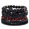 Charme Pulseiras 4 pçs/set Hippie Punk Black Leather Band Buddha Palavras Red Onyx Beads Cord Knots Envoltório Ampla Pulseiras Empilháveis para Homem