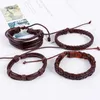 Braccialetti con ciondoli 4 pezzi / set Retro Hippie Punk Wrap Macrame Cordoncino di cera Nodi Marrone scuro Strati di pelle nera Bracciale impilabile Braccialetti per uomo