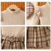 Clothing Sets Baby Girls Spring Autumn Ruffle Long Sleeve Solid Tops+Plaid Pleated Skirt+Belt+Beret Four-piece Suit 2-7Years Kids Clothes Suit 230927