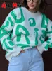 Suéteres femininos Suéter feminino de inverno com estampa de letras verde branco pulôver oversized o pescoço clássico vintage suéteres de malha para mulheres 2023 230927
