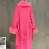 Wełniane mieszanki wełny 2023 Kobiety Big Real Futro Flar Fashion Winter Jacket Cashmere mieszany płaszcz z podwójnym piersi mankiety marszczyków 231006