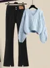 Kvinnors tvåbitar byxor 2 Set Womens Outfits Pantsuit Sticked Tops Jeans Casual Workout Korean Fashion Elegance Autumn Winter Clothes