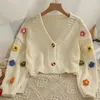 Dames Gebreide T-shirts Cropped vest 3D-bloem V-hals Kawaii Retro Design All-match Mujer Trui Teder Meisjesachtig Esthetisch Herfst Aankomst Ulzzang 231006