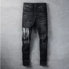 Jean graphique pour hommes, pantalon de rue, noir, multicolore, imprimé lettres, élastique, moto, Hip Hop2696