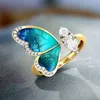Fantasy Blue Butterfly Wings Gold Open Finger Rings Charms smycken mode justerbara strassfestringar för kvinnor280h