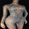 Blinkande silver strass spandex jumpsuit födelsedag firar bar outfit kvinnor sångare dans slitage leggings outfit 220322233q