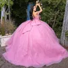 Pink Shiny Tulle Sweetheart Quinceanera Dresses Off the Shoulder Beads Lace Bow Ball Gown Sweet Sixteen Dress Gowns vestidos de 15