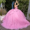 Pembe parlak tül tatlım quinceanera omuz boncuklar dantel yay balo elbisesi tatlı on altı elbise elbiseleri vestidos de 15