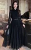 Casual jurken lange maxi-jurk 2023 herfst winter stijl vrouwen turn-down kraag sexy tule mesh patchwork mouw met riem oranje zwart